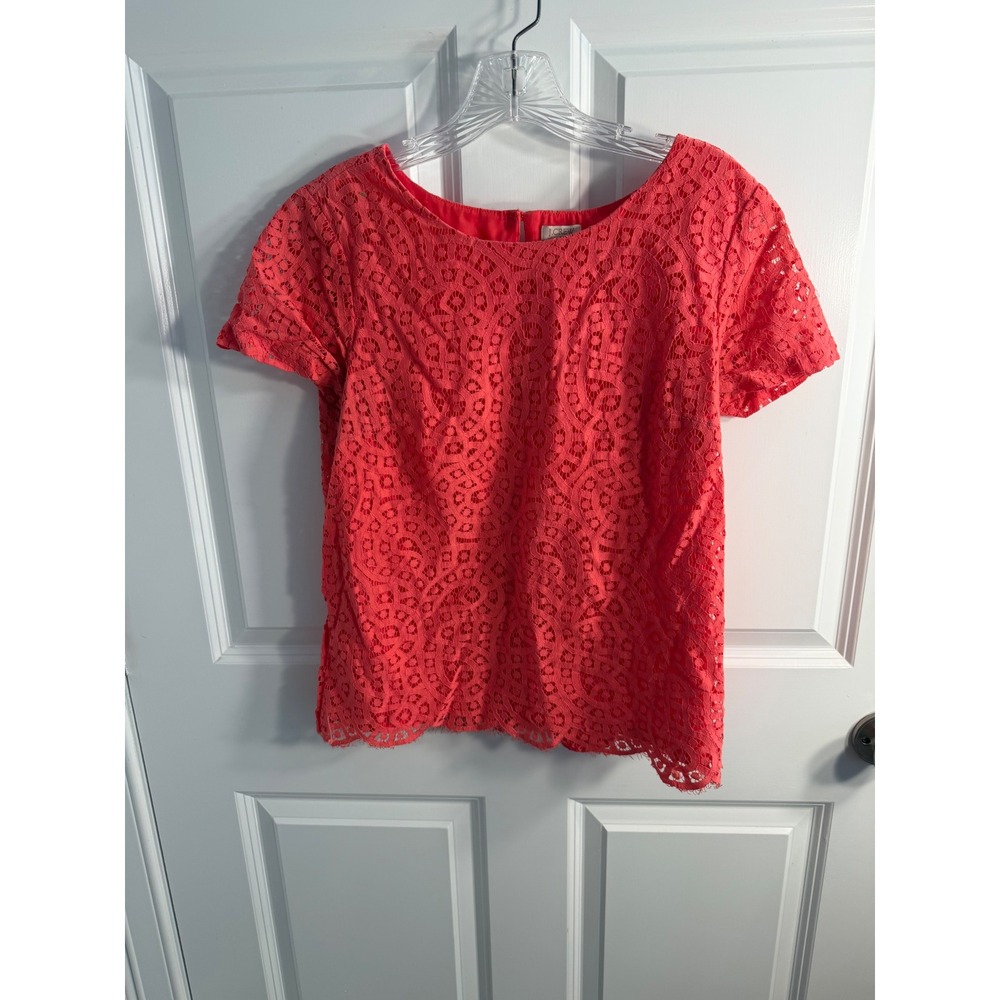 J.Crew Womens Coral Pink Floral Corded Lace Short Sleeve Lined Top Size 4